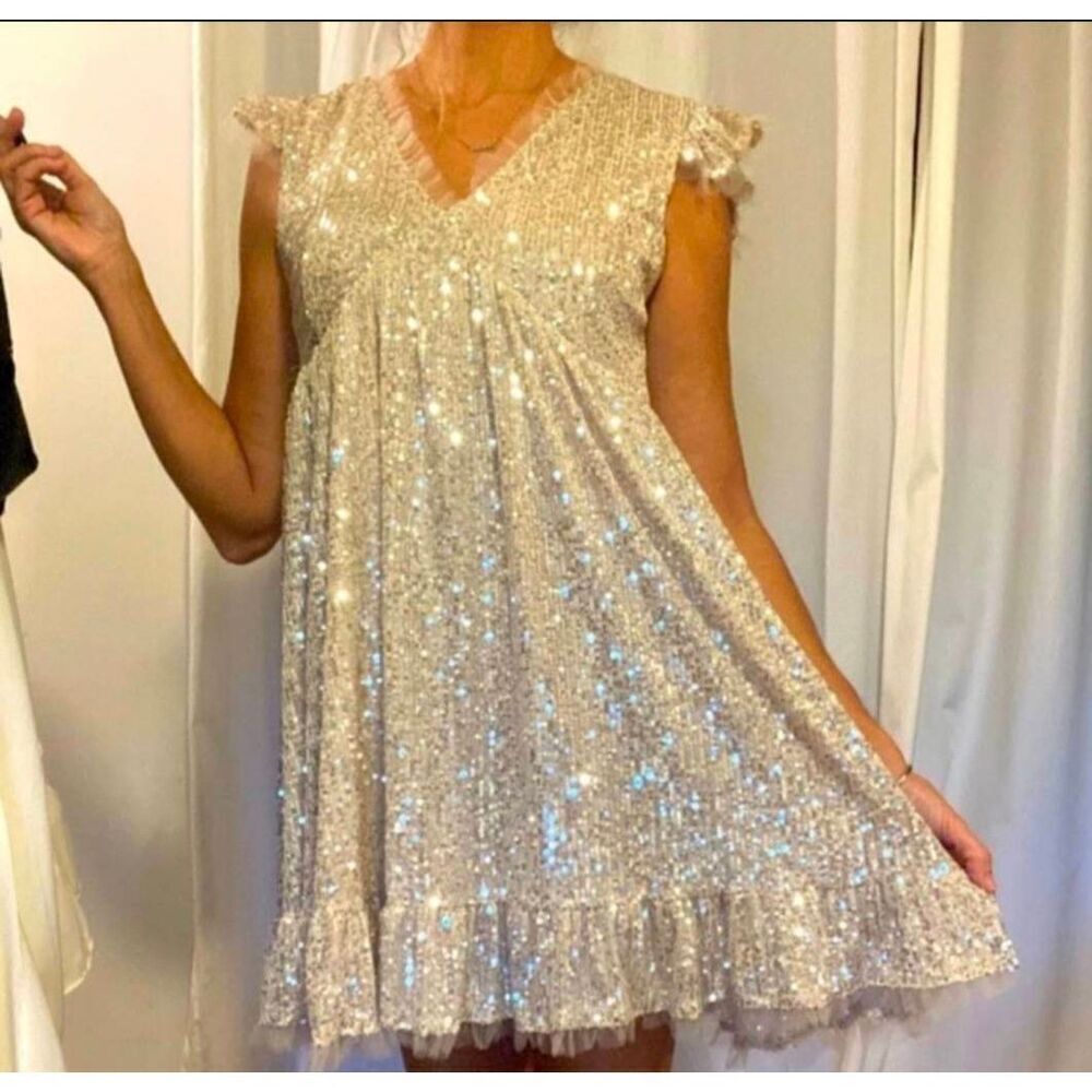 M by MNK Champagne Sequin Babydoll Shift Mini Dress M